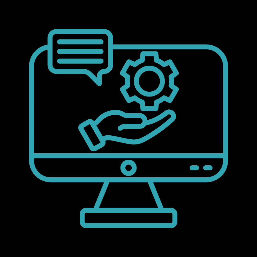 Outline icon of a computer monitor with a hand, gear, and speech bubble, representing technical support or software management.