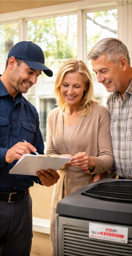 A technician in a blue uniform and cap shows a clipboard to a middle-aged woman and man, both smiling, in a bright room with large windows, near an HVAC unit.