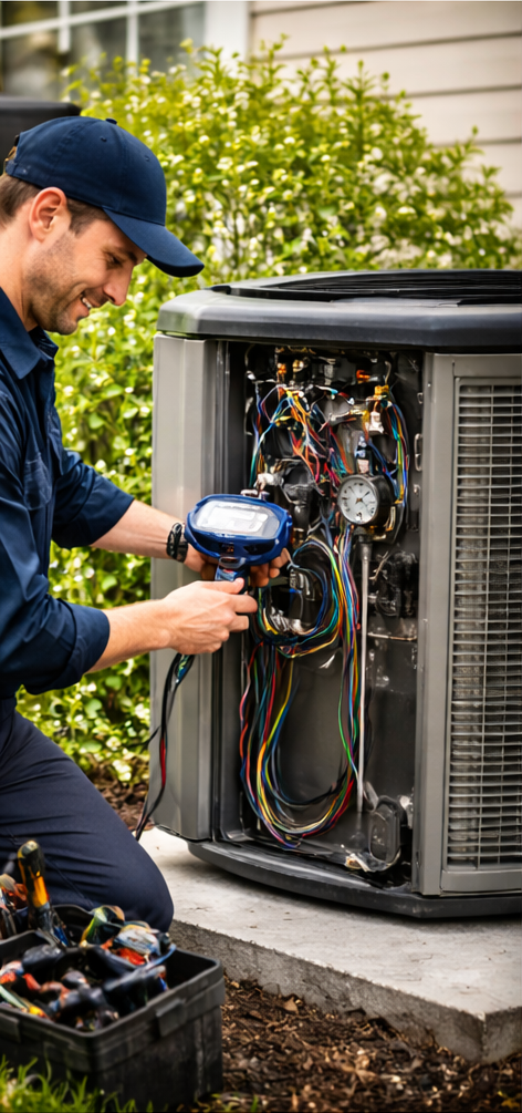 Technician repairing an outdoor air conditioning unit using diagnostic tools, with exposed internal components and wiring.