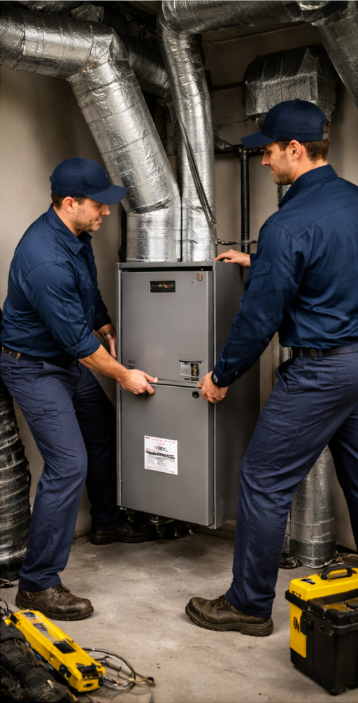 Two technicians in navy uniforms installing or servicing HVAC equipment in a basement utility room with metal ductwork.