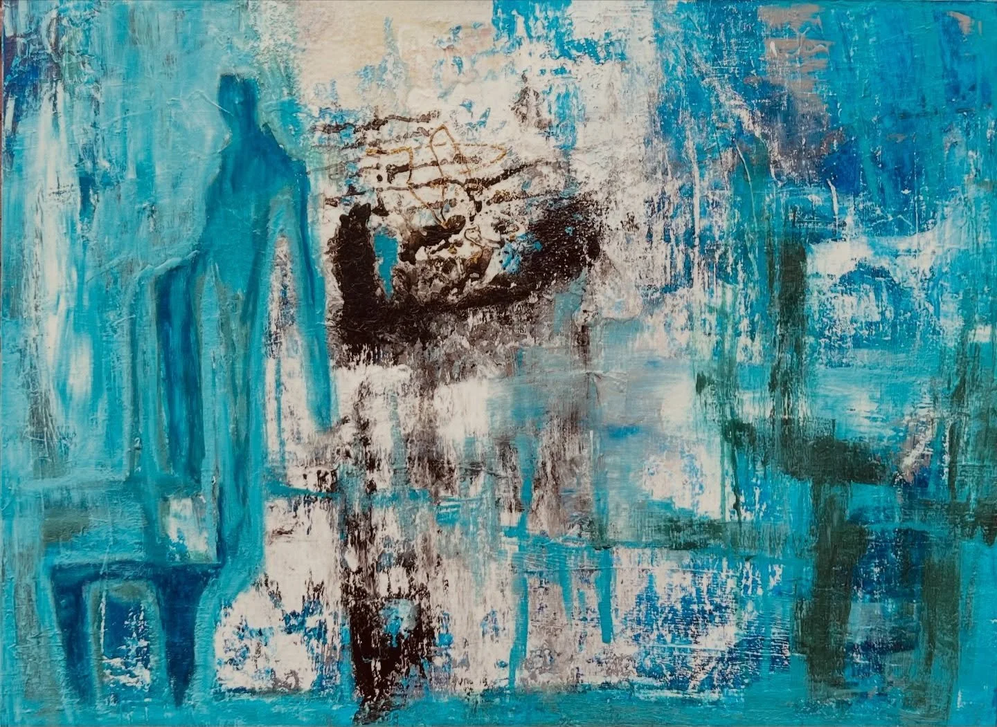 &ldquo;Alchemy of Blue&rdquo;
48x36&rdquo;
Mixed media on canvas 

This was originally something else. Something that never felt quite done. So I painted over it and began layering just for fun&hellip;and then images kind of emerged. 

#abstracts #mo