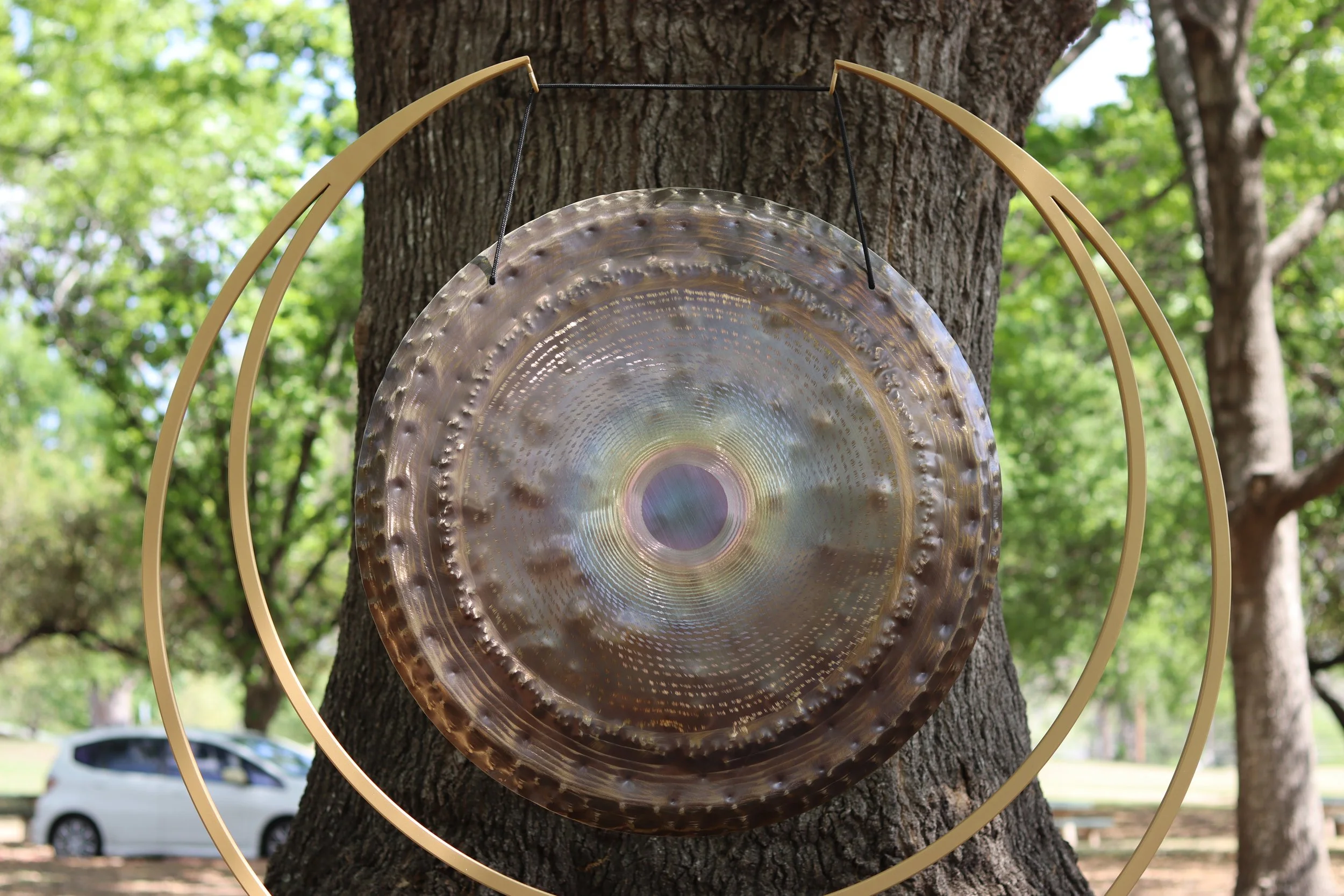 Bronze sound healing gong hanging outdoors against a large tree in a peaceful natural setting