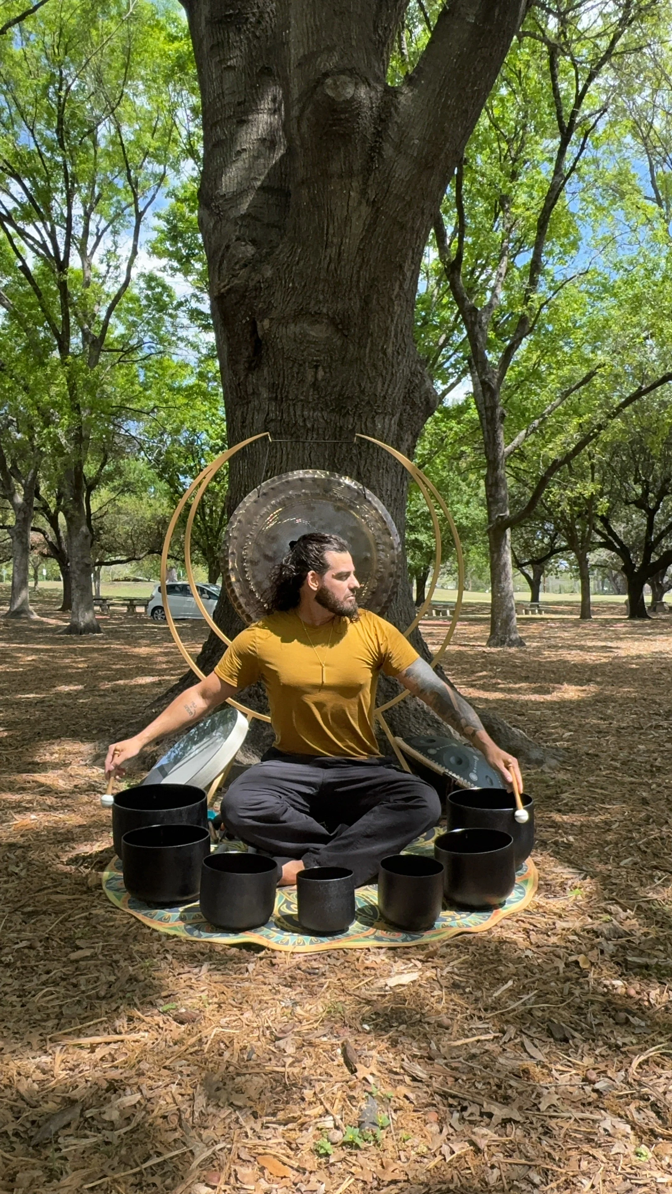 Sound healing practitioner playing crystal singing bowls and gong during an outdoor sound bath in Austin, TX.