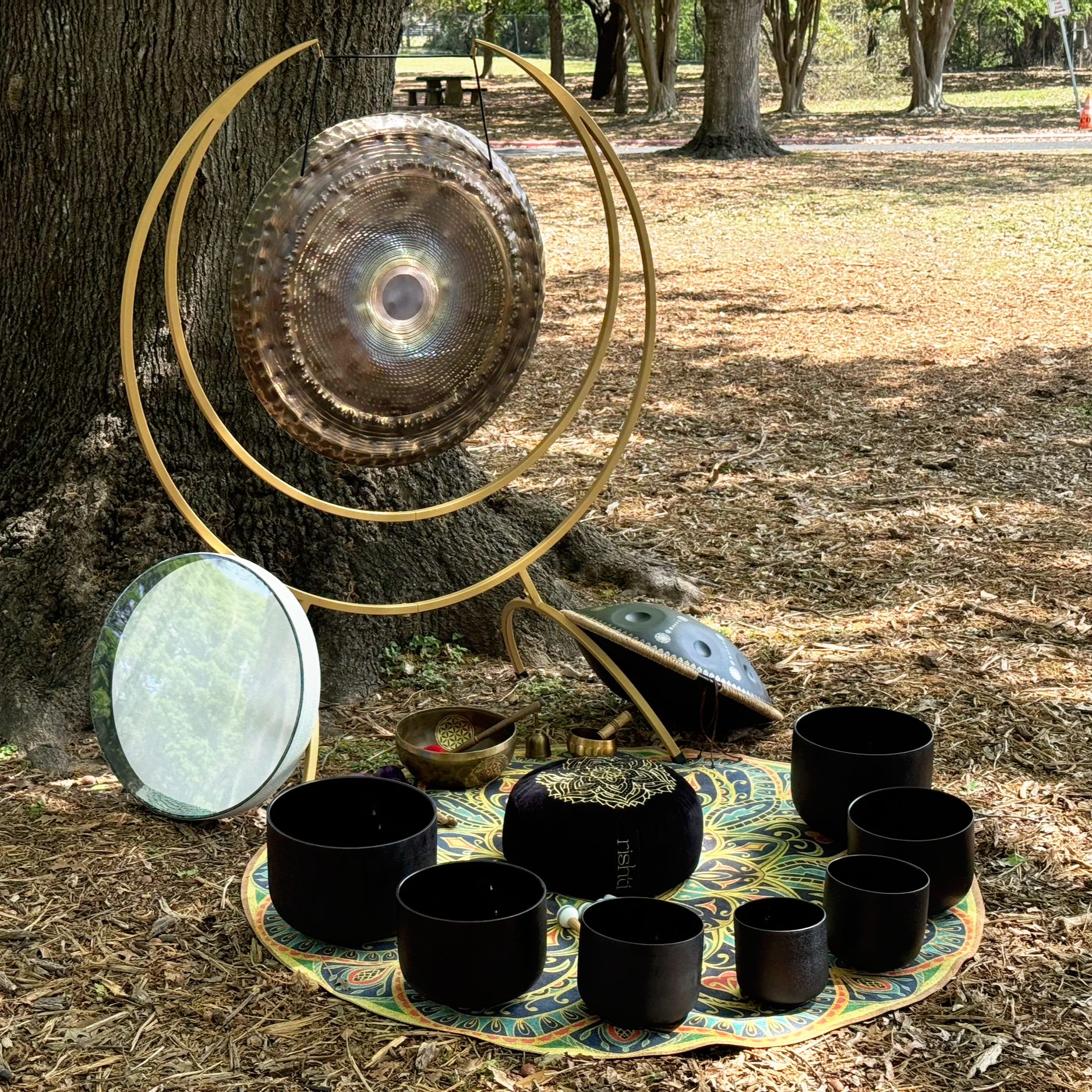Outdoor sound healing setup with gong, crystal singing bowls, drum, and meditation cushion beneath a tree