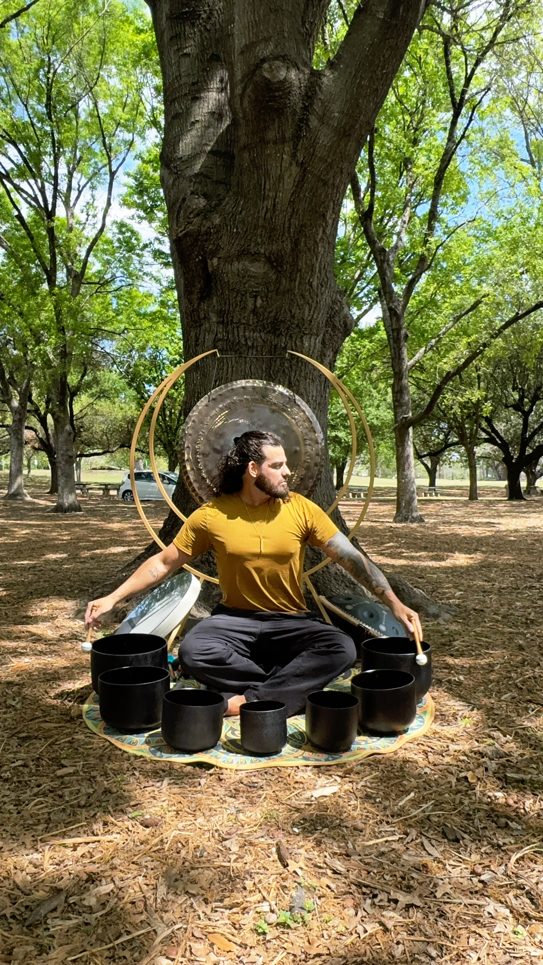Jacob Madary practicing outdoor sound healing with crystal singing bowls and gong beneath a large tree