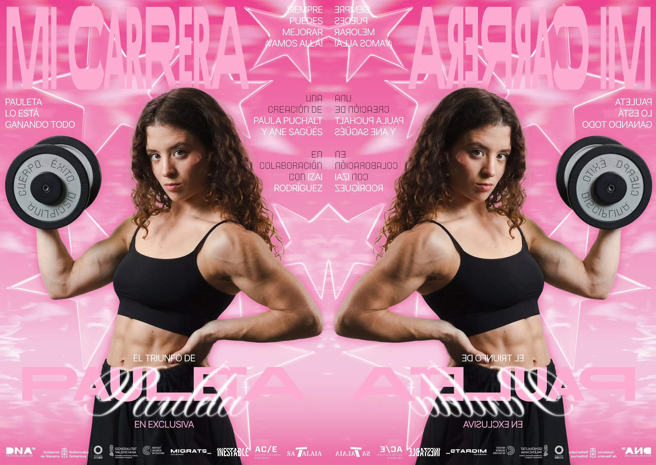 Cartel de un evento o festival con fondo rosa y una mujer con cabello rizado sosteniendo una pesa, frases motivacionales en español y logotipos de patrocinadores en la parte inferior.