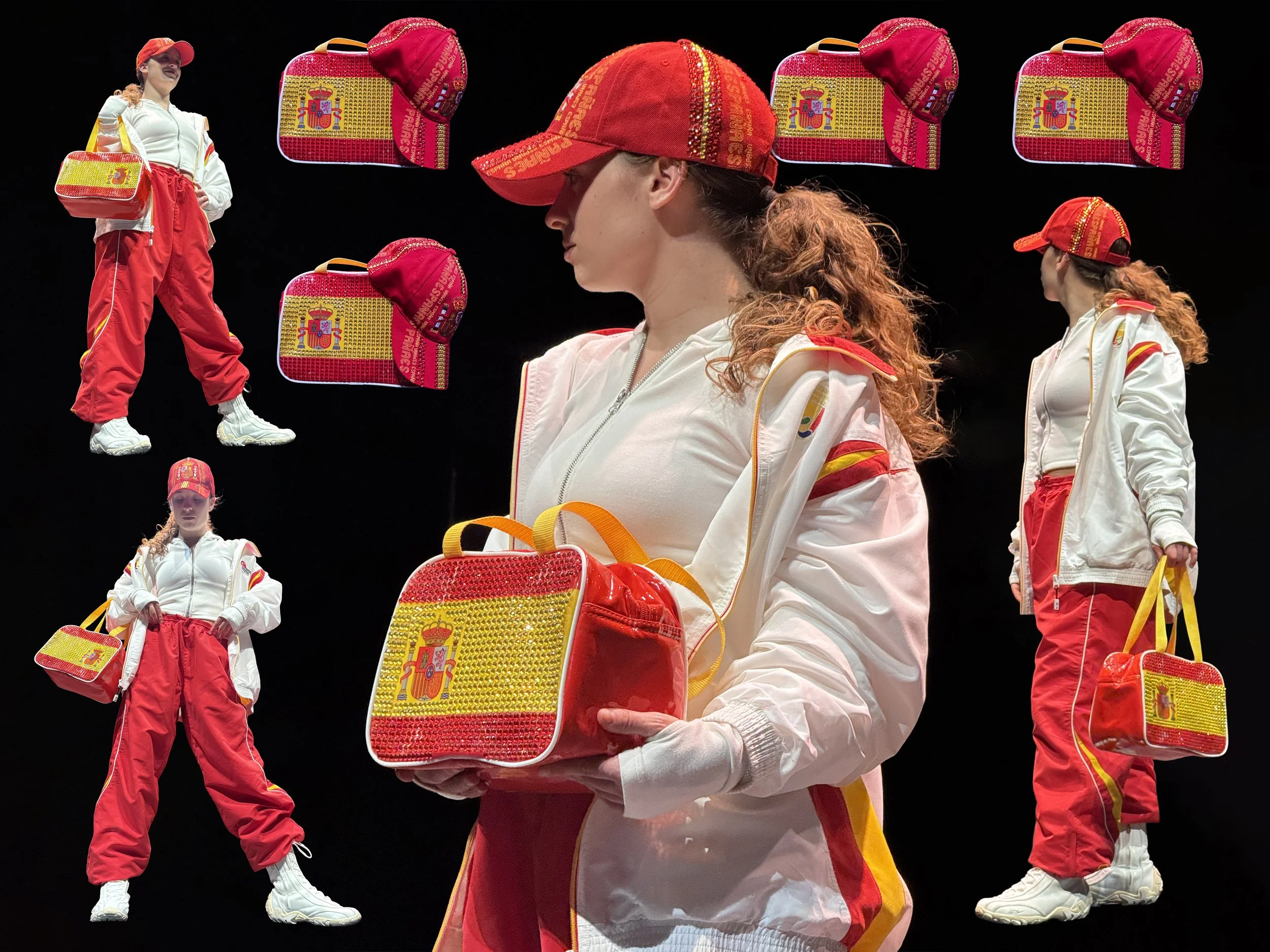 Varias atletas portando bolsas y gorras con los colores y el escudo de España, participando en una competencia deportiva, con fondo negro.
