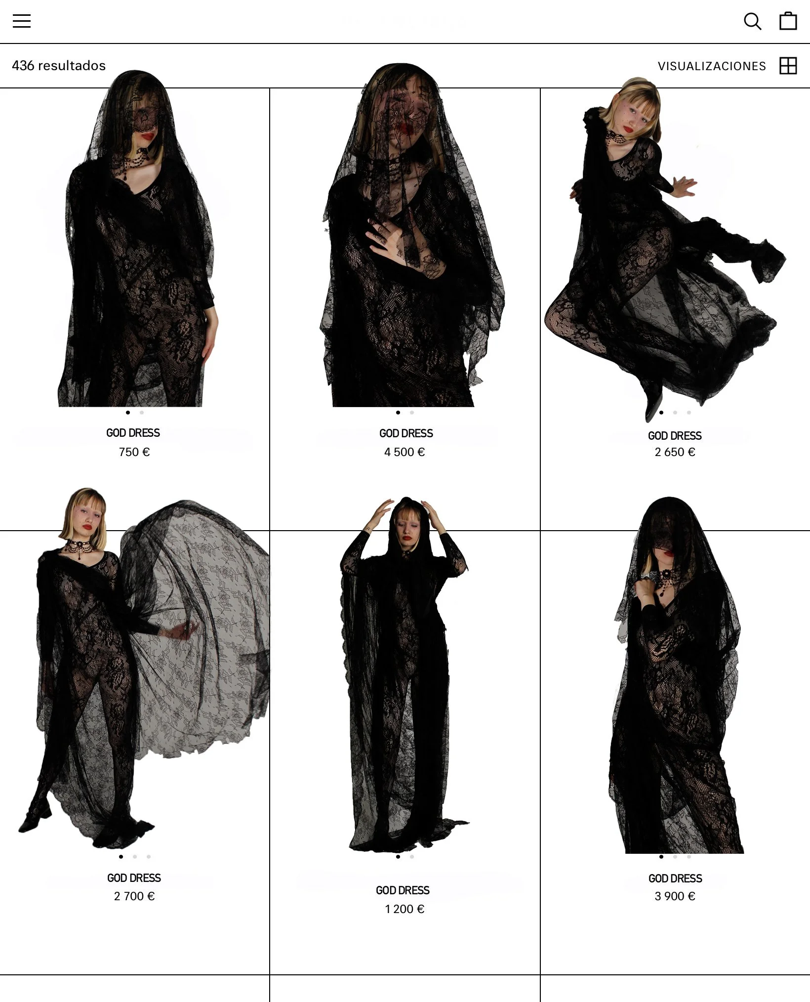 Mujer con vestido negro de encaje, con varias poses y accesorios en un catálogo de ropa, precios en euros