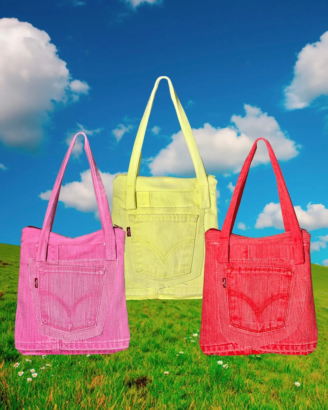 Tres bolsas de tela de diferentes colores (rosada, amarilla y roja) colgadas en un campo con césped y flores, bajo un cielo azul con nubes blancas.