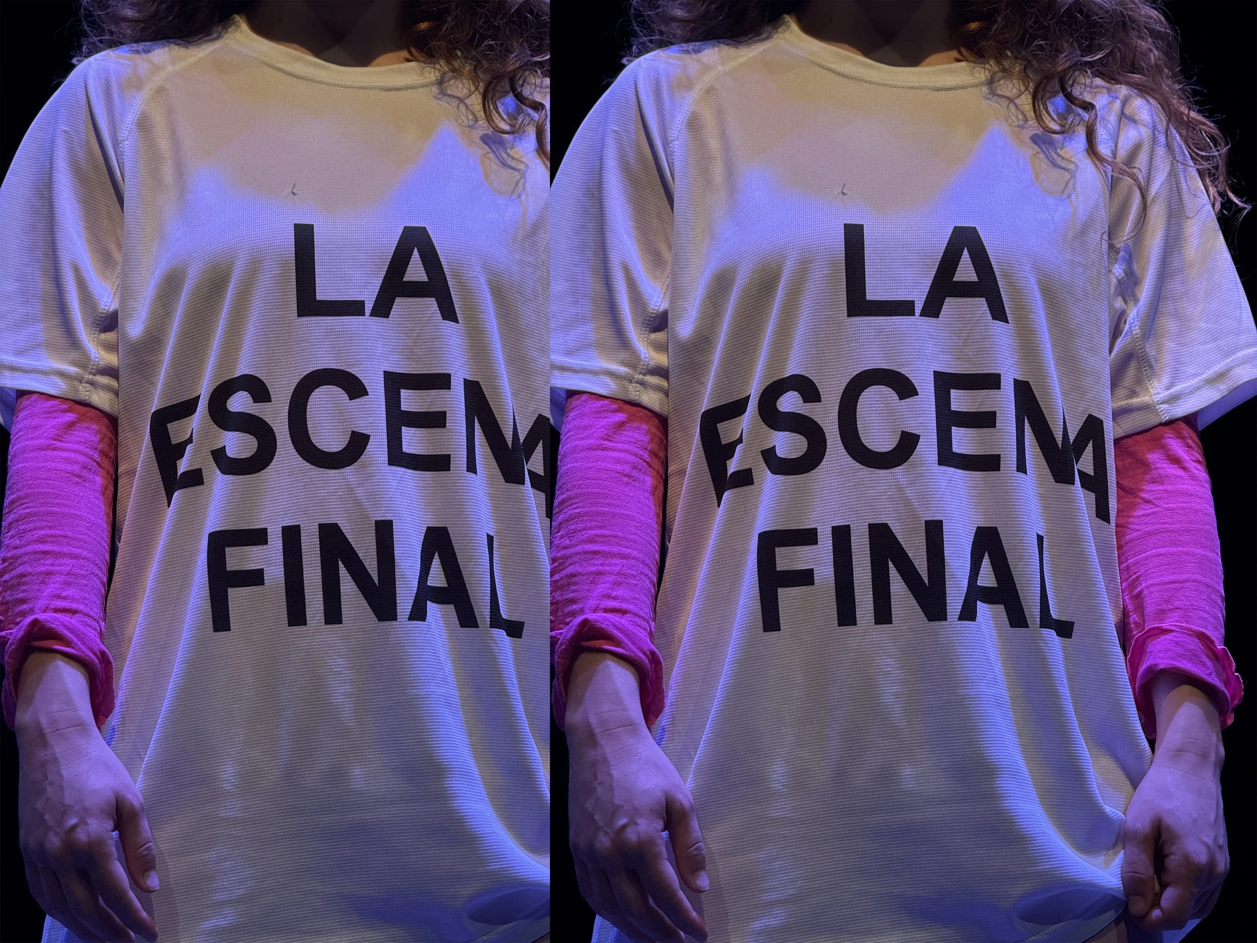Persona con camiseta blanca que tiene letras negras que forman la palabra 'LA FESCEM' en la parte trasera. La persona lleva mangas de tela rosa en los brazos. Fondo oscuro con iluminación tenue.