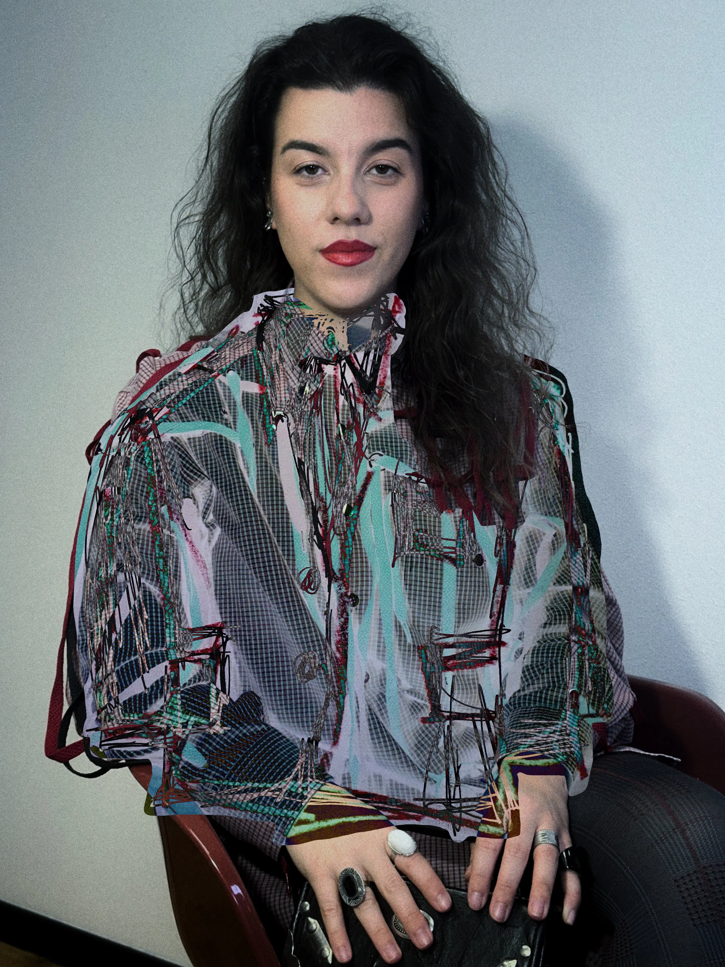 Mujer con cabello rizado oscuro, labios rojos, usando una camisa de colores y accesorios plateados, sentada en una silla de madera, con fondo blanco.