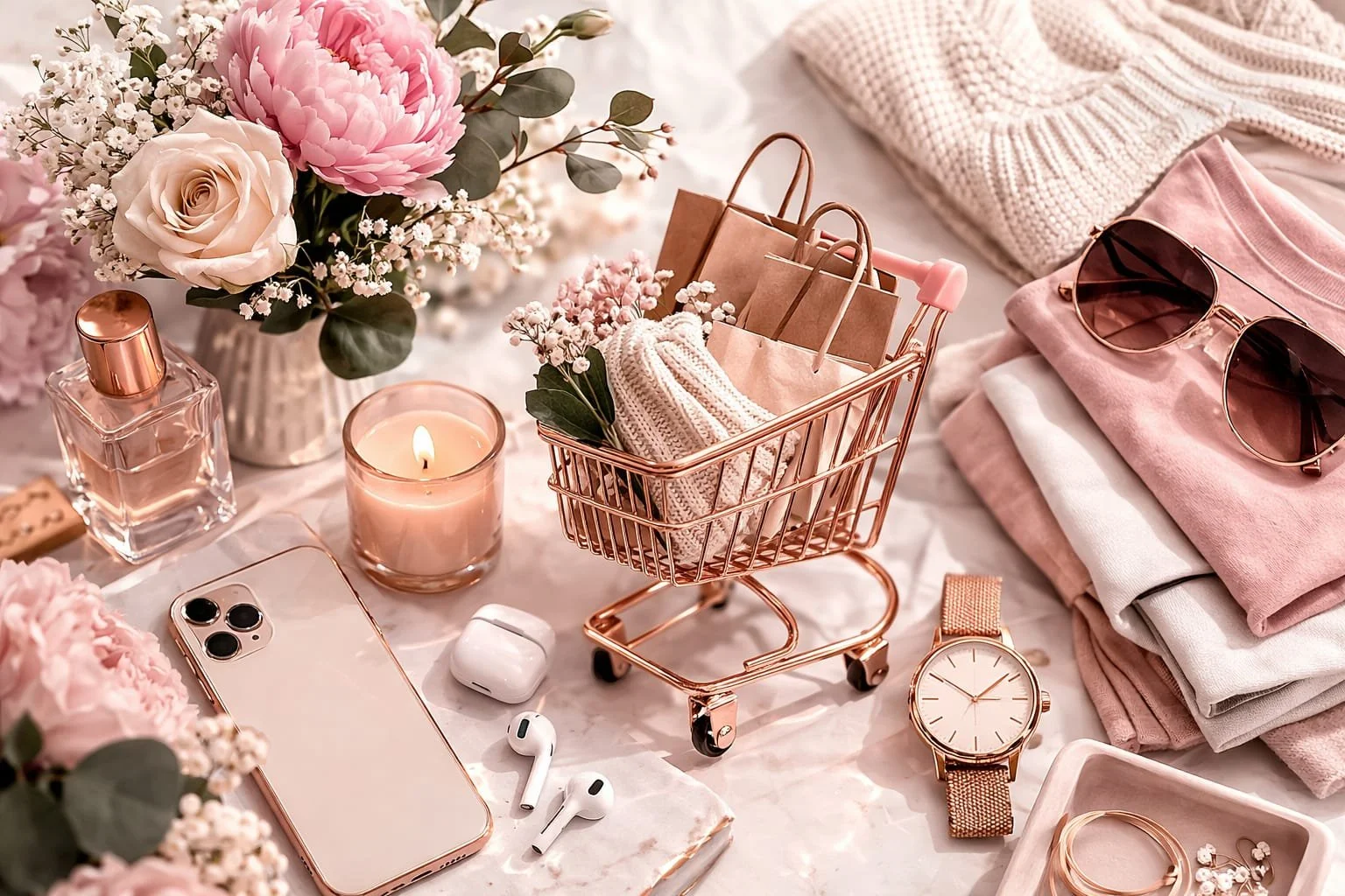 Selezione di accessori e decorazioni rosa e bianche come fiori, candele, occhiali da sole, orologio e dispositivi elettronici su una superficie