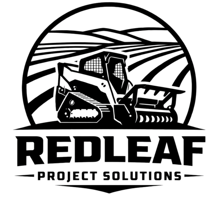 Line art logo of a futuristic construction vehicle inside a circular border, with the text "Redleaf Project Solutions" beneath.