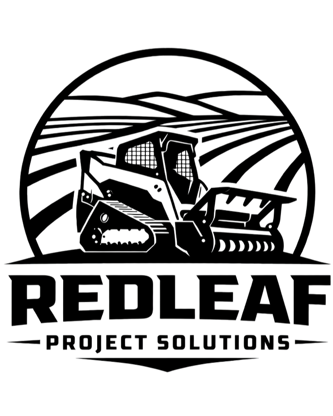 A logo featuring a stylized illustration of a skid steer loader or compact construction vehicle inside a circular frame, with the text "REDLEAF PROJECT SOLUTIONS" below.