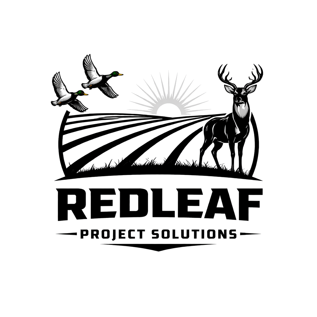 A logo for Redleaf Project Solutions featuring two flying ducks, a sunrise over a field, and a stag, with bold text for the company name and slogan.