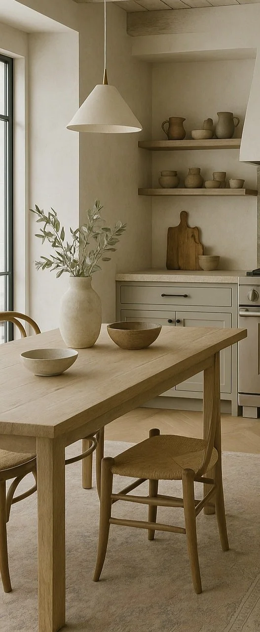 A cozy, minimalist kitchen features a light wooden dining table with three chairs, a large ceramic vase with greenery, and open wooden shelves with pottery. Soft natural light filters through a nearby window.