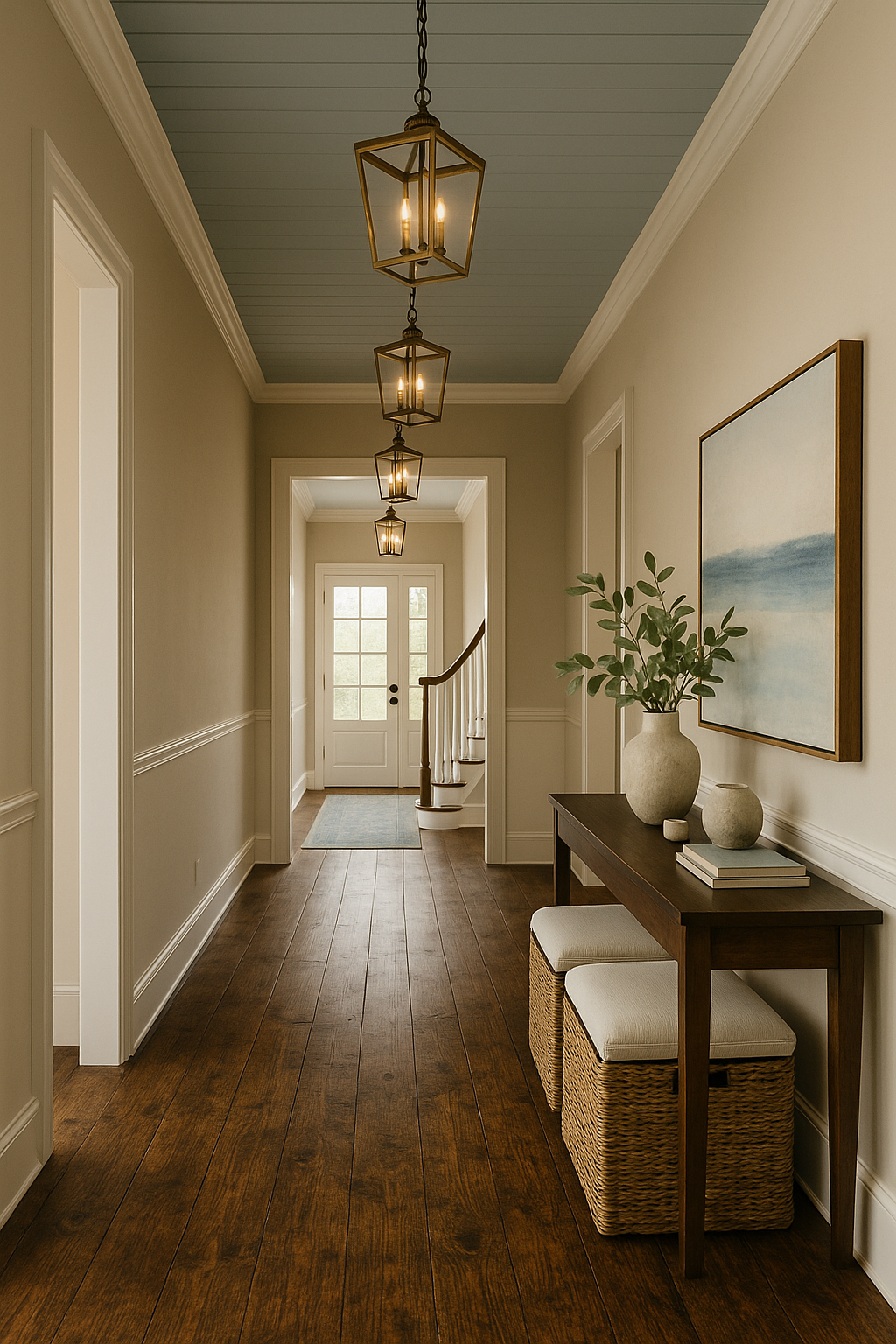 Hallway with wooden floor, modern pendant lights, a console table with vases, and framed artwork, leading to a front door with a staircase on the right.