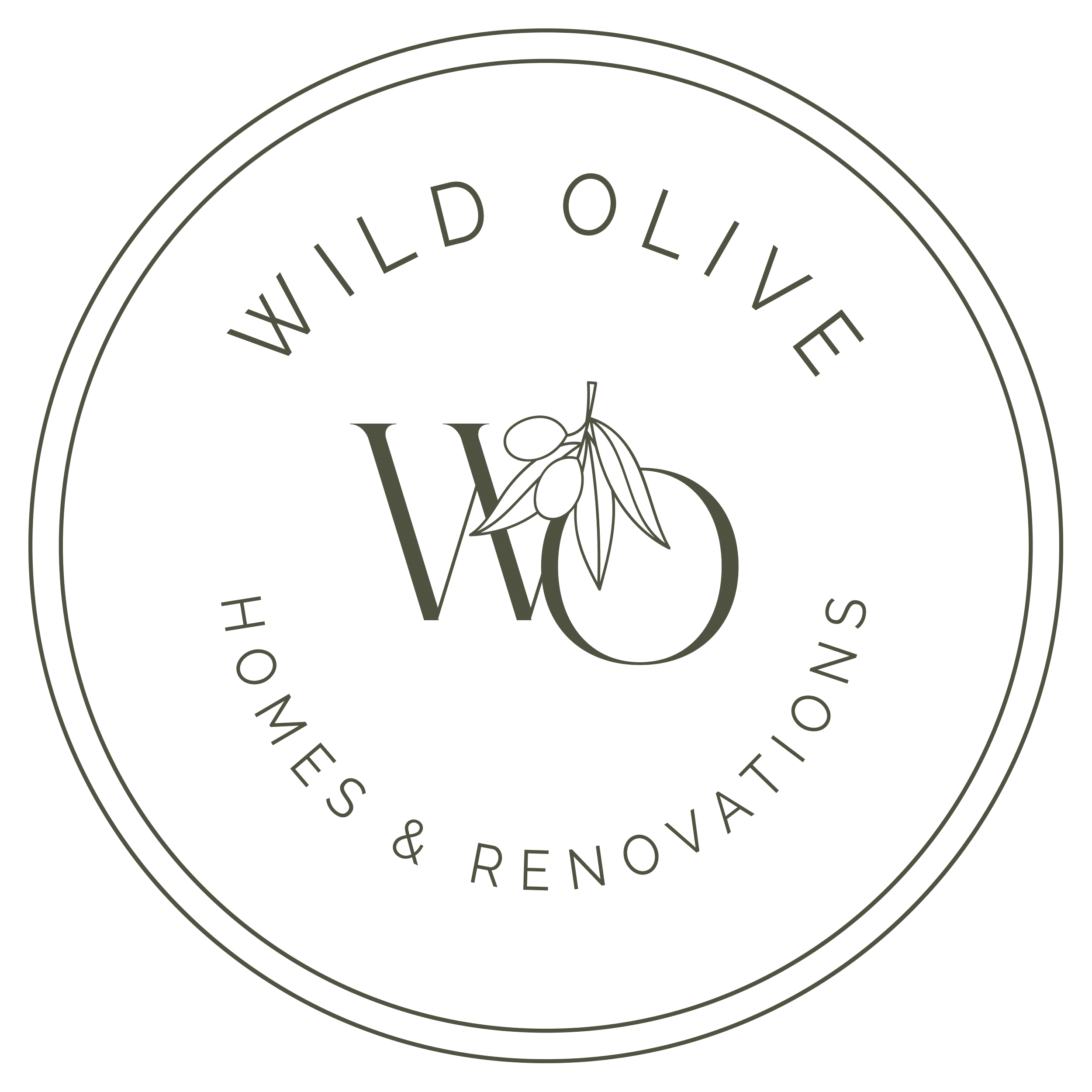 A circular logo for Wild Olive Homes & Renovations with a central olive branch and text around it.