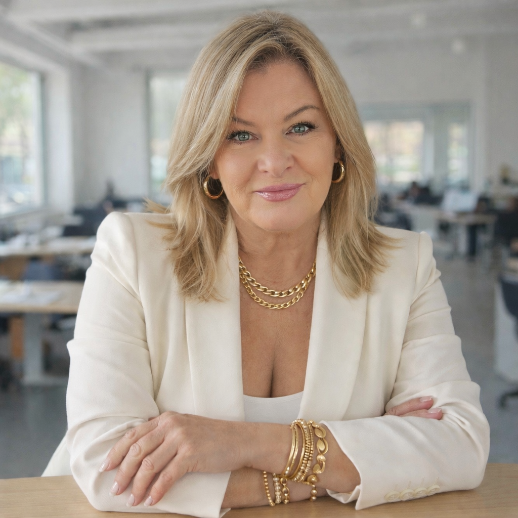 A woman with blonde hair and blue eyes, wearing a white blazer, gold necklaces, and jewelry, sitting at a desk in a bright office.