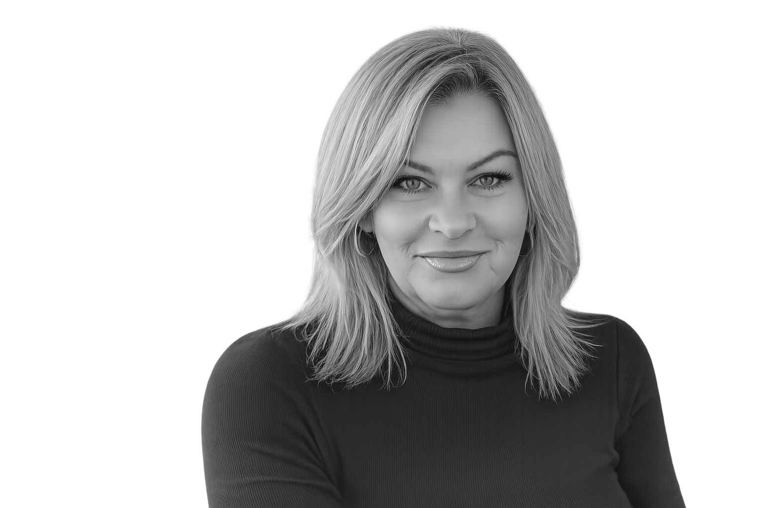 Black and white portrait of a woman with shoulder-length hair wearing a black turtleneck, smiling gently. Digital glitch background with colorful lines and shapes.