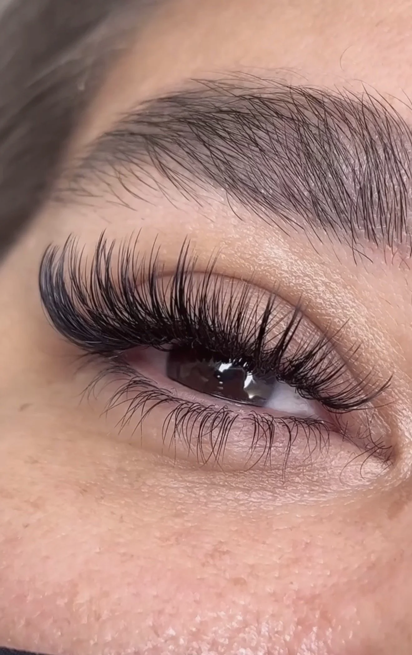 Close-up of a person's eye with long, thick eyelashes and well-groomed eyebrows.
