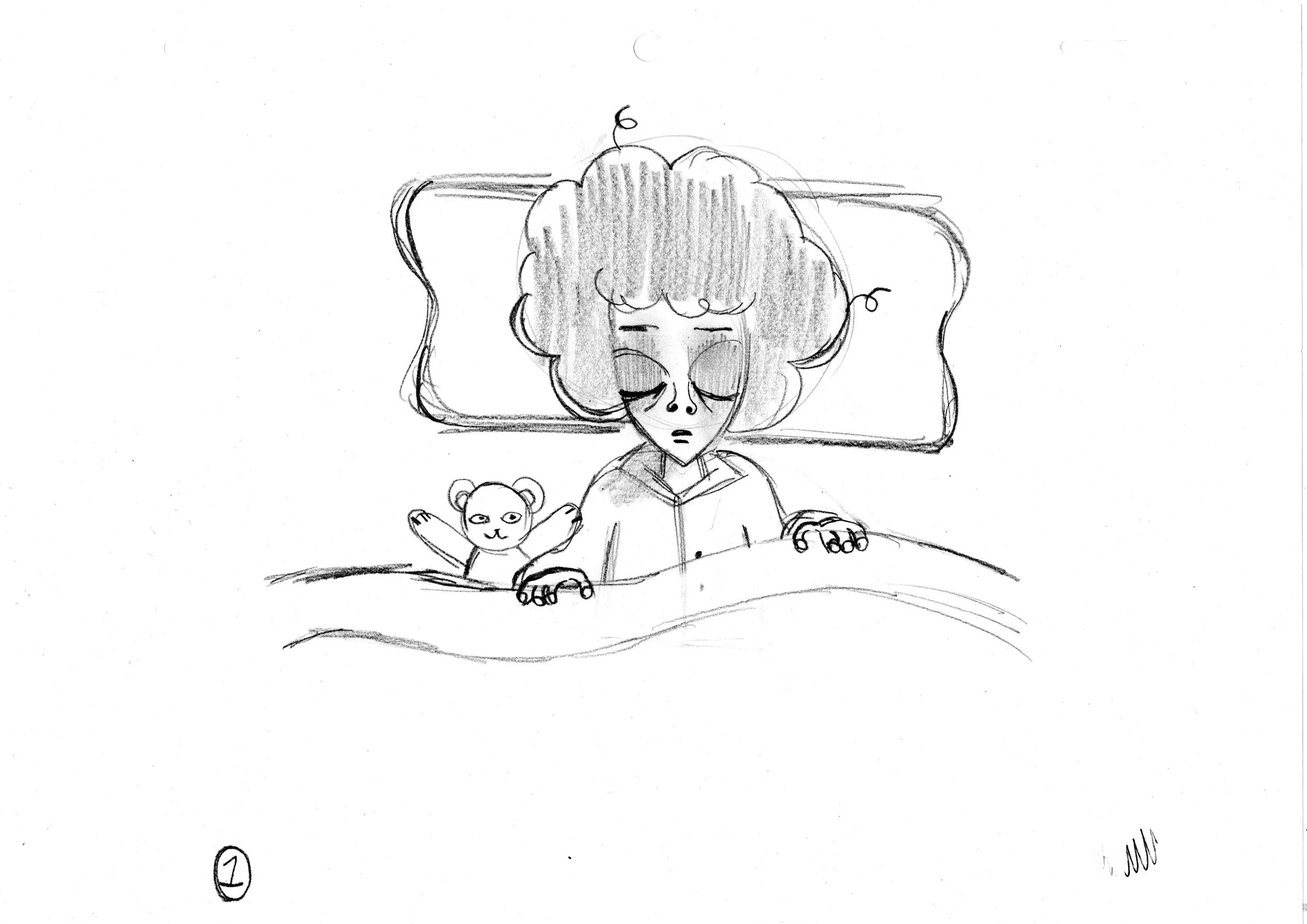 A person with curly hair sleeping on a bed with a pillow behind their head, accompanied by a small bear plush toy, both resting with closed eyes.