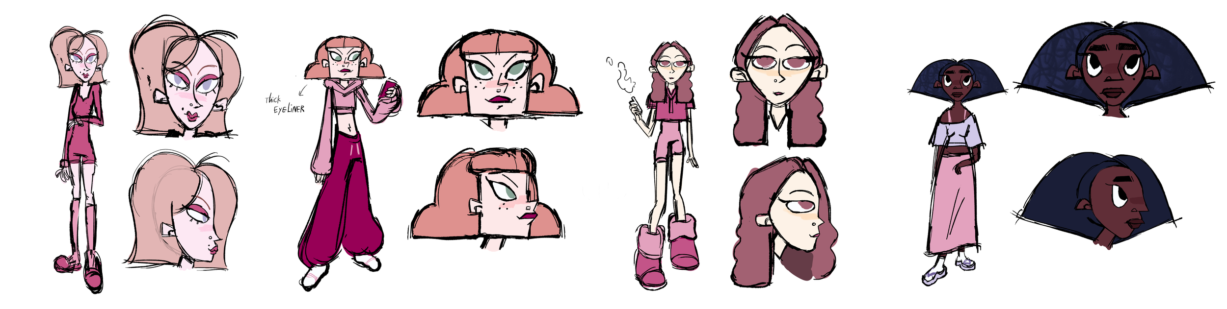 Collection of character concept sketches depicting a girl with various expressions, outfits, and hairstyles, shown in both full-body and close-up views.