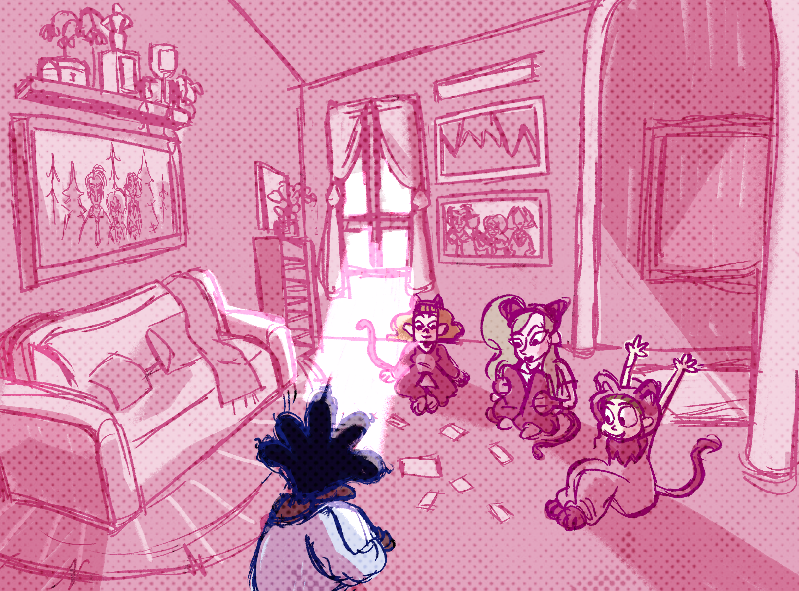 A lively living room scene with two feline characters laughing and sitting on the floor, one with a big smile and the other with a mischievous expression. Another character with spiky hair stands nearby, all surrounded by scattered papers. The room features a sofa, a window with curtains, framed pictures on the walls, and various furniture and decorations, creating a cozy and dynamic atmosphere.