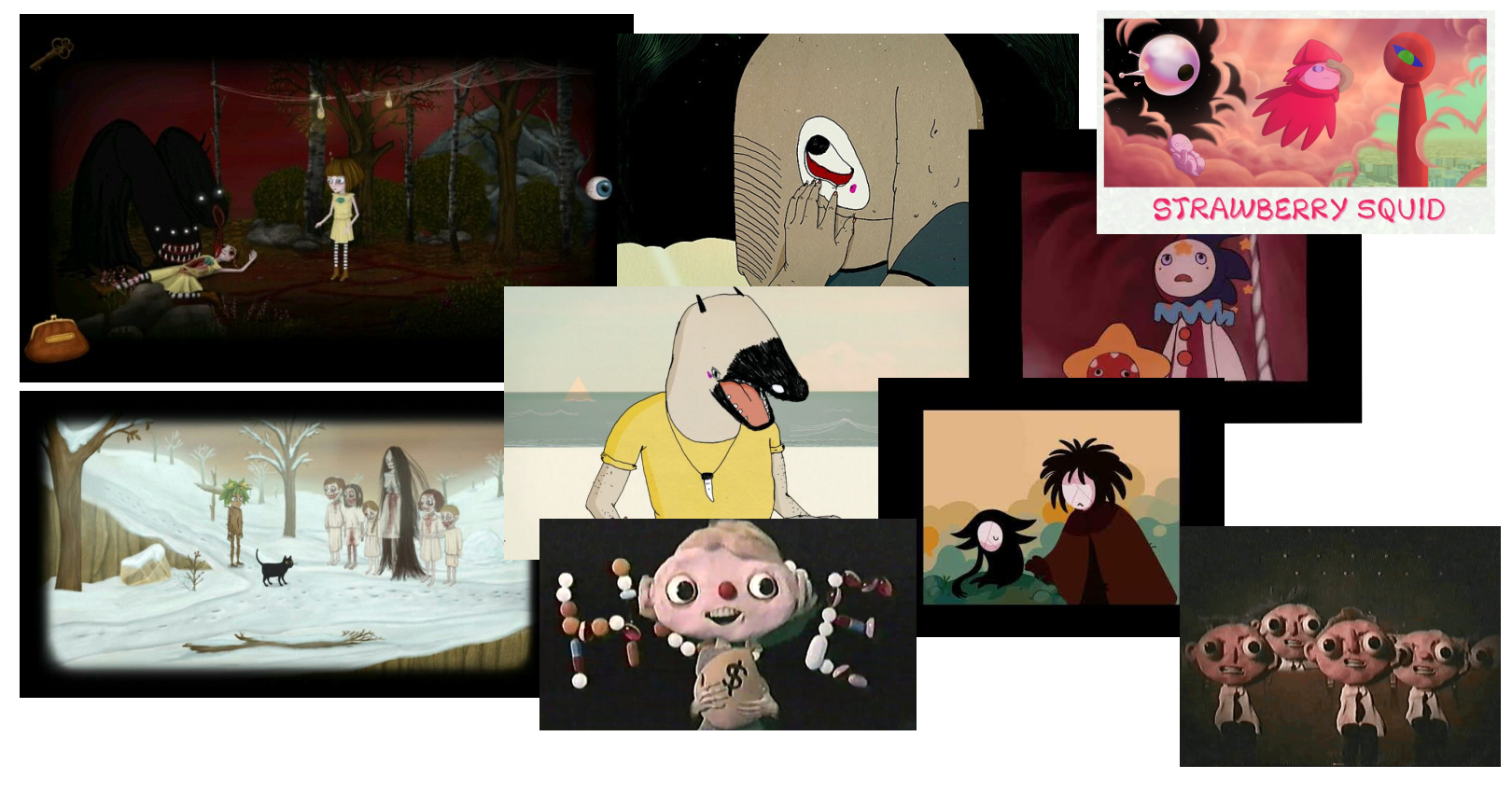 Collage of animated characters and scenes from various cartoons, including supernatural, surreal, and whimsical themes. Characters include a girl with floating eyes, a girl with a dog-like face, oddly dressed figures, and stylized creatures in diverse backgrounds like forest, snow, and outer space.