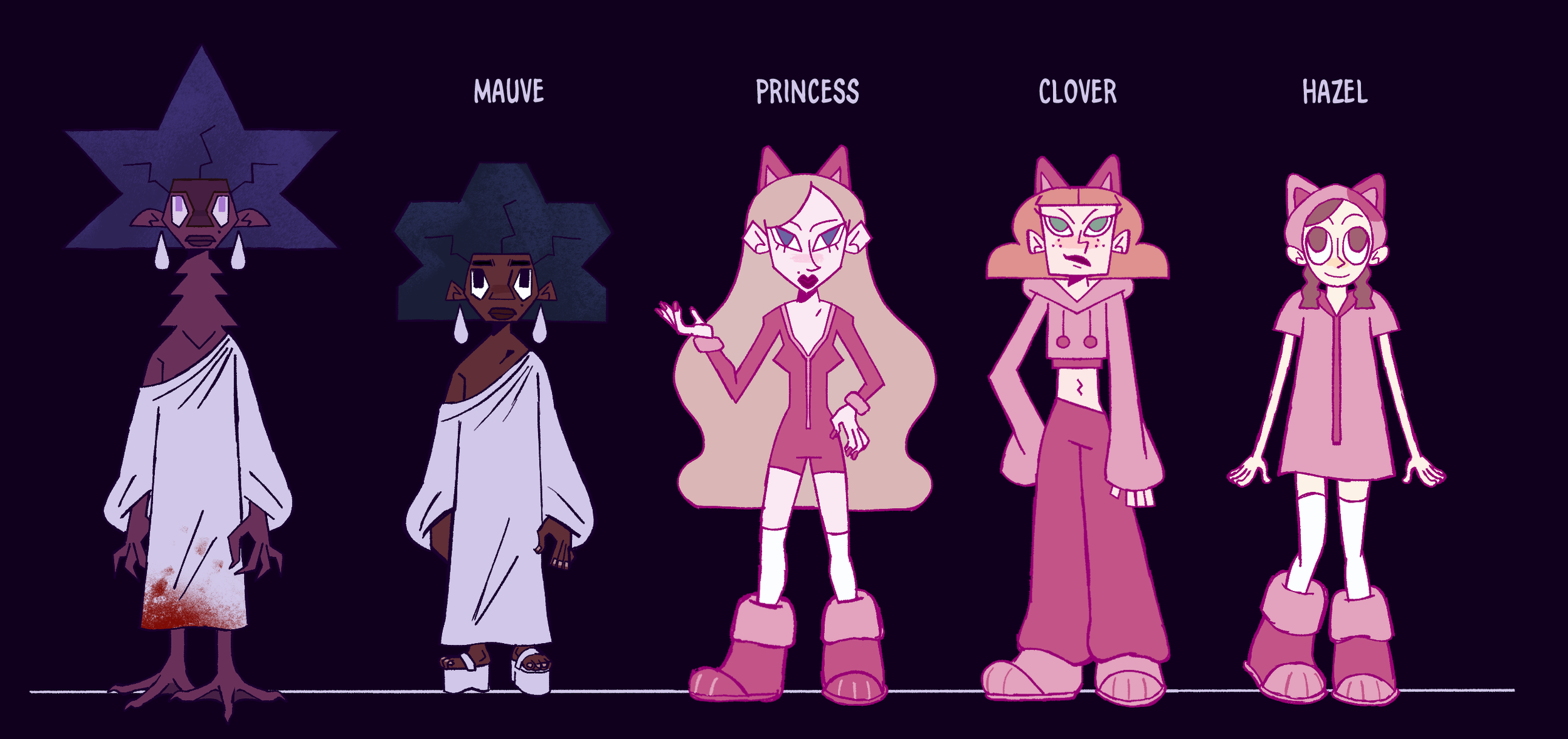 Illustration of five characters with different names: Mauve, Princess, Clover, Hazel, each with unique clothing and features, against a dark background.
