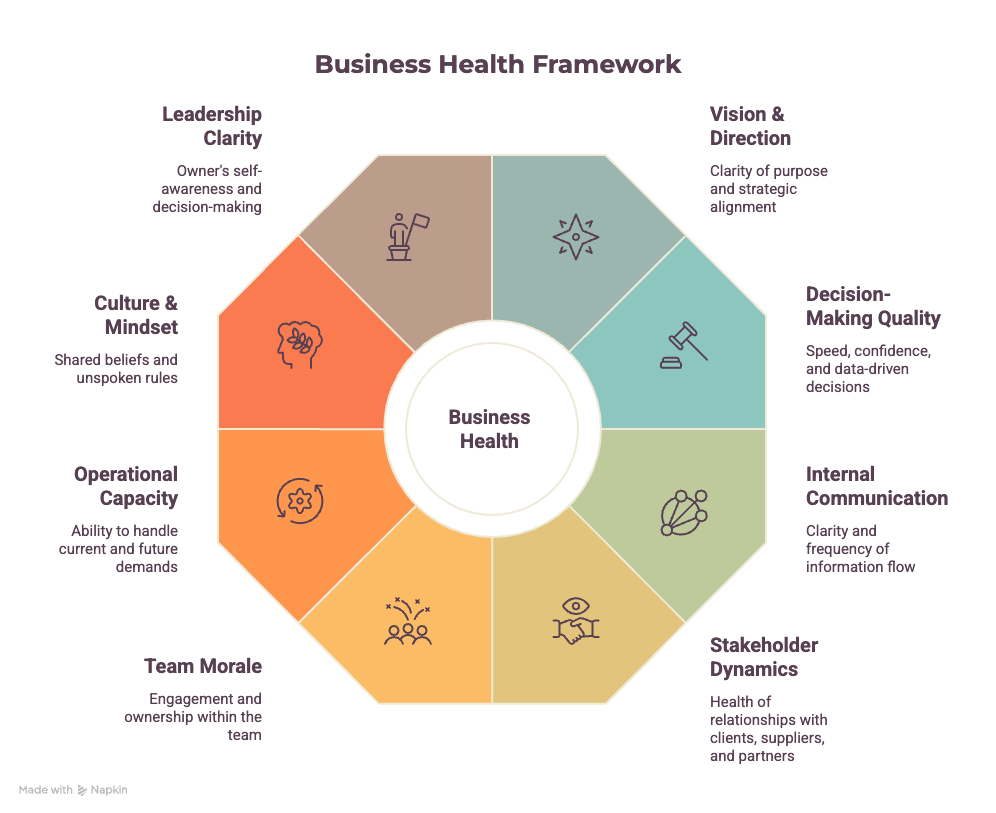 Diagram of business health framework with sections including Leadership Clarity, Vision & Direction, Decision-Making Quality, Internal Communication, Stakeholder Dynamics, Team Morale, Operational Capacity, Culture & Mindset, each with descriptions.