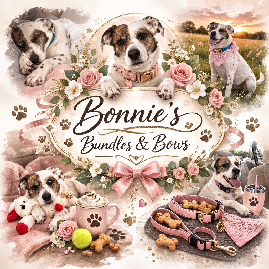 Collage of multiple images of a cute dog with a white coat and brown markings, wearing pink accessories, in different settings including outdoors at sunset, indoors on a pink blanket, with toys, treats, and a personalized mug, surrounded by pink roses, white flowers, and paw print decorations, with a central label reading 'Bonnie's Bundles & Bows' decorated with a pink bow.