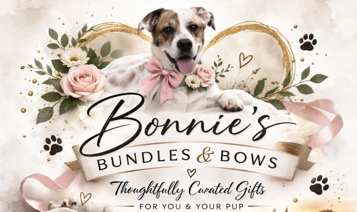 A cute dog with a pink bowtie and floral decorations in front of a branding sign for Bonnie's Bundles & Bows, featuring cursive and serif fonts, paw prints, and a heart, advertising curated gifts for dogs and owners.