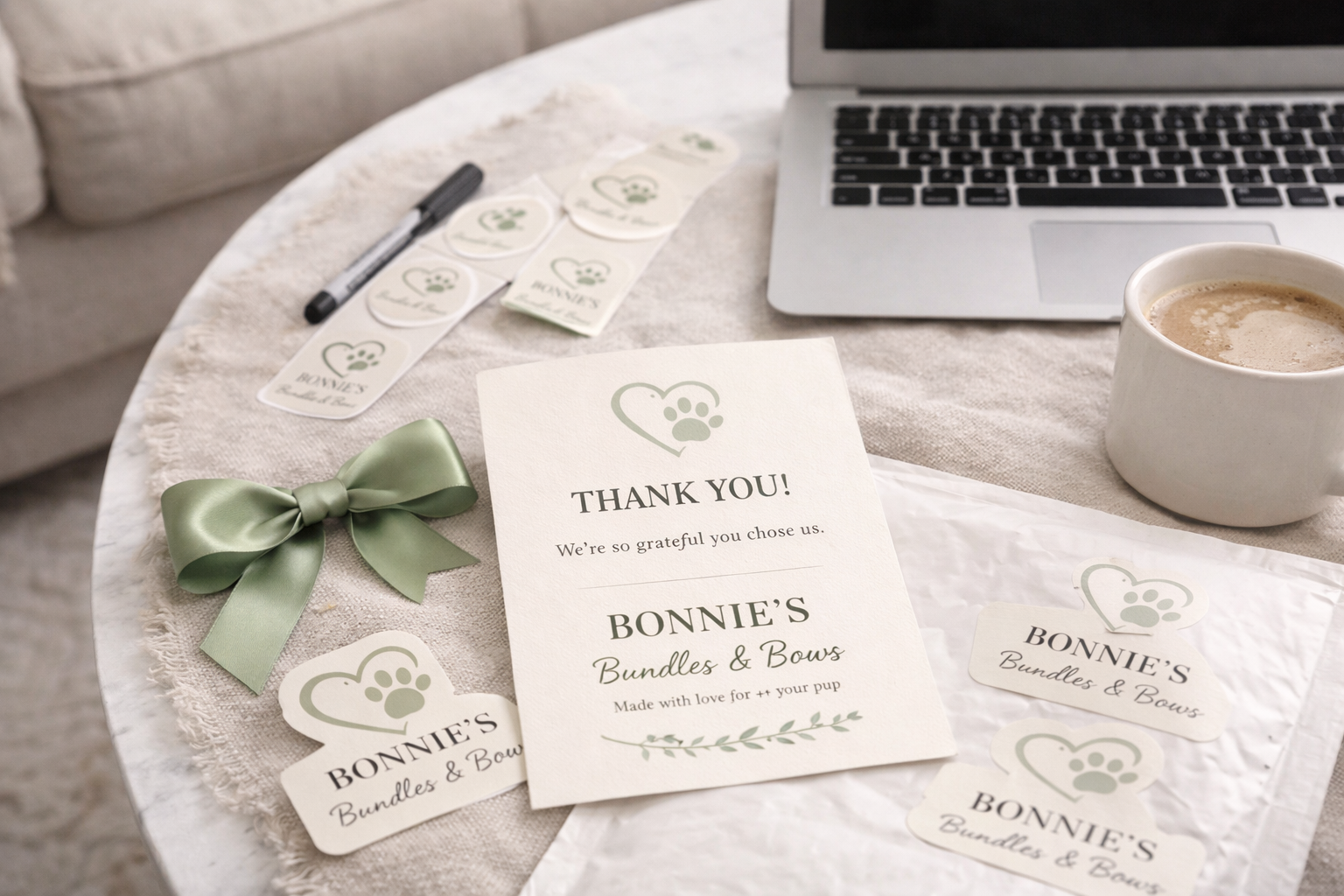 Thank you note with a paw print and heart logo from Bonnie's Bundles & Bows, green satin bow, several stickers with the same logo, a black marker, an open laptop, and a white cup of coffee on a beige tablecloth.