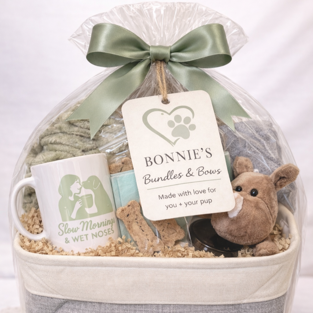 Gift basket wrapped in clear cellophane with a green bow, containing a white mug with a puppy and woman graphic, plush puppy toy, and pet-themed items, with a tag reading 'Bonnie's Bundles & Bows, Made with love for you + your pup'.