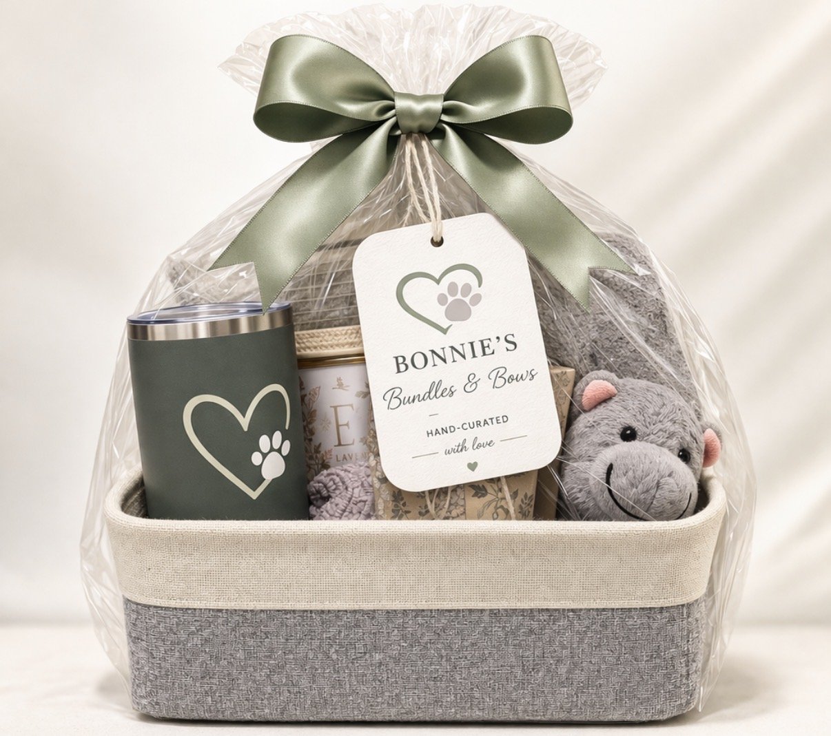 Gift basket wrapped in clear cellophane with a large green satin bow, containing a gray plush toy mouse, a green tumbler with a paw print and heart design, a candle, and other small gift items. A tag reads 'Bonnie's Bundles & Bows, Hand-curated with love.'