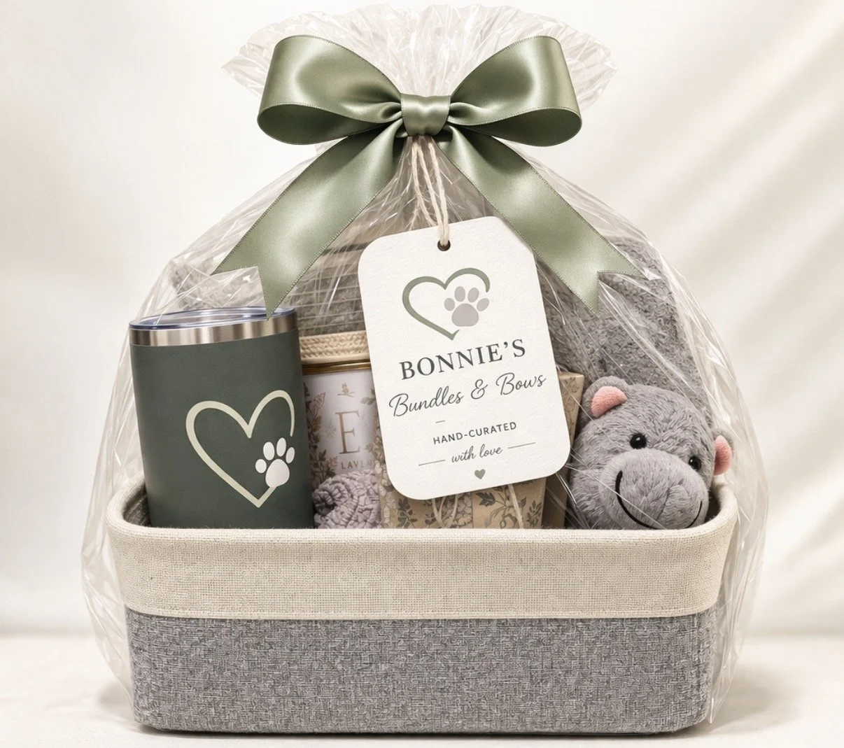 Gift basket wrapped in clear cellophane with a green satin bow, containing a gray travel mug with paw print logo, a plush gray mouse toy, and other small items, labeled Bonnie's Bundles & Bows.