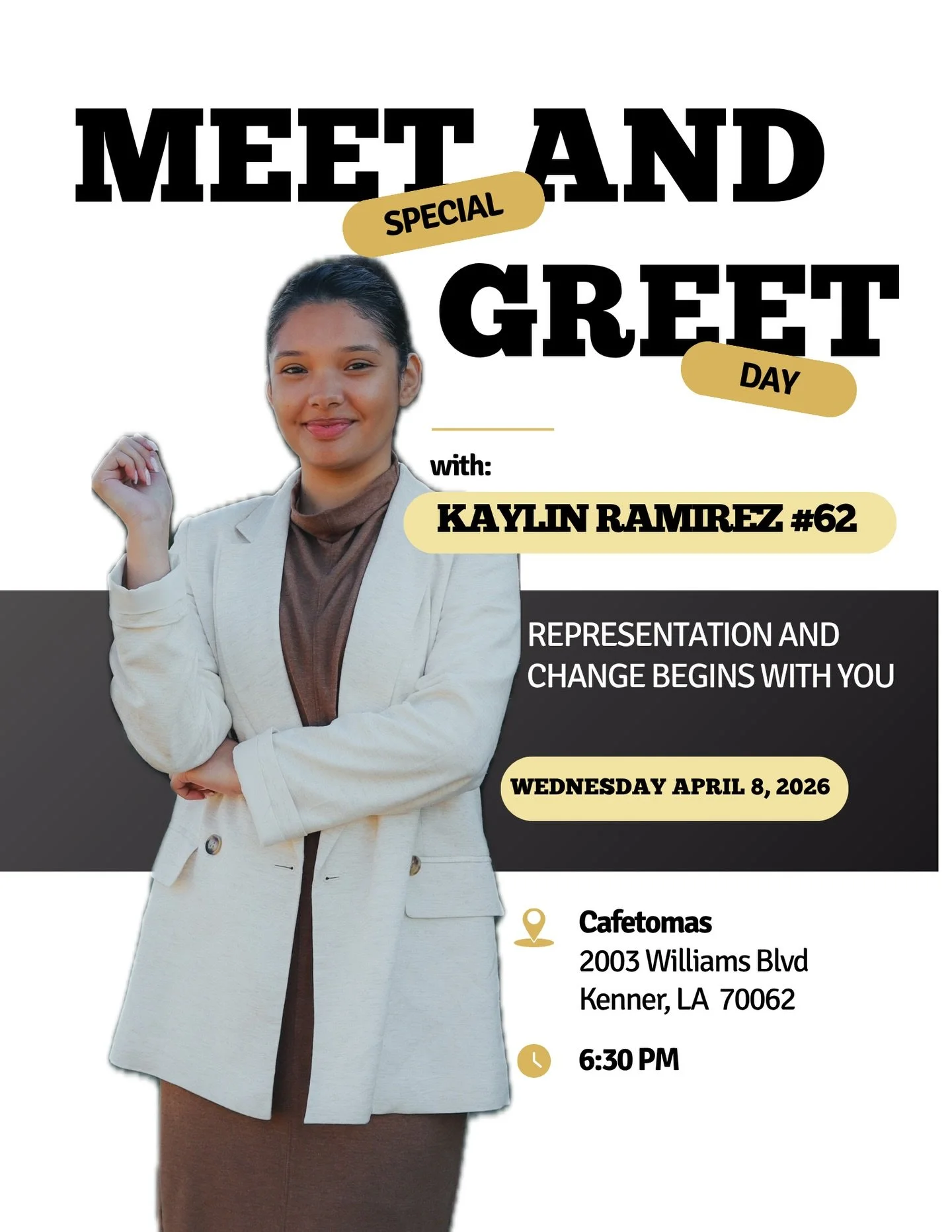 I&rsquo;d love the chance to meet you and hear what matters most to you!

Join me for a meet &amp; greet this Wednesday at 6:30PM. If you&rsquo;re not registered to vote yet, we&rsquo;ll help you get registered before the deadline.

Thank you to Cafe