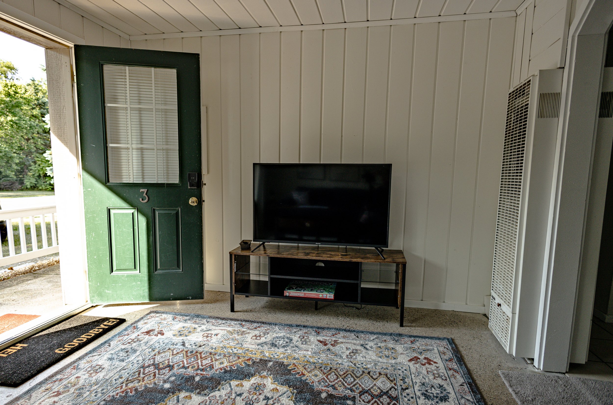 Living room with green front door, flat-screen TV on a wooden stand, patterned rug, and white wall paneling.