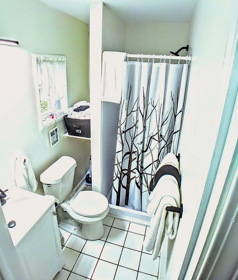 Small bathroom with green walls, a white toilet, a small white sink, a black laundry basket on a shelf, a window with white curtains, a shower with a tree-patterned shower curtain, and towels hanging on a towel rack.