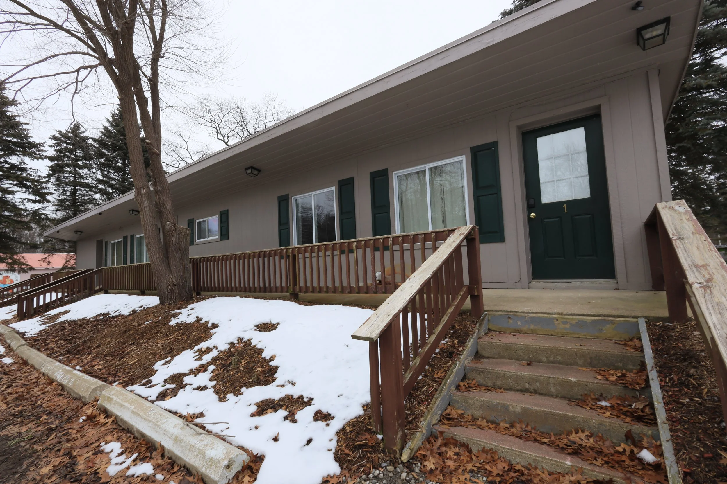 Exterior view of a beige duplex with green shutters and a dark green front door with the number 1 on it, brown wooden stairs and ramp, leafless trees, some snow on the ground, and a cloudy sky.