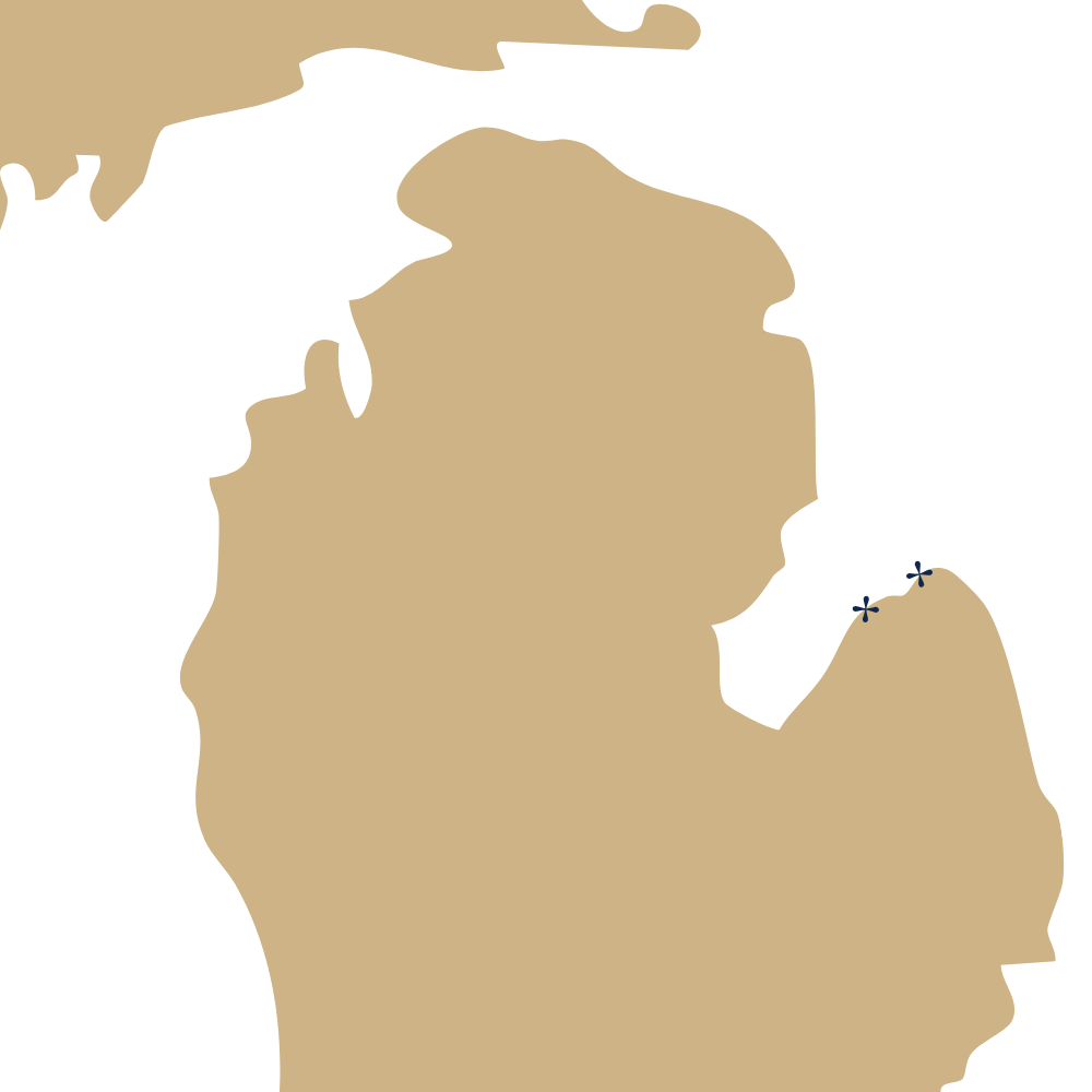 A map highlighting Port Austin & Pigeon, MI, in blue against a beige Michigan background.