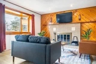 Living room with a fireplace, a flat-screen TV above it, a blue sofa, a yellow armchair, a window with red curtains, and houseplants.