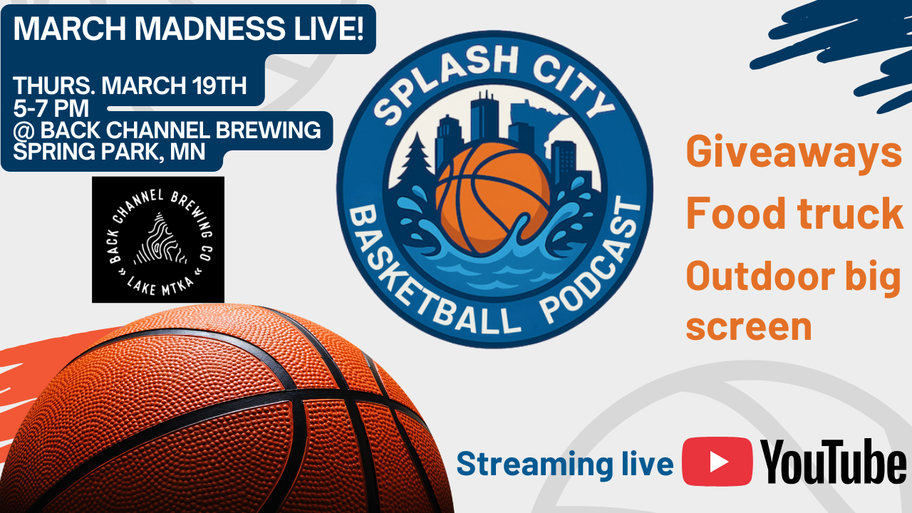 Flyer for March Madness Basketball event with details about streaming on YouTube and outdoor activities like giveaways and food trucks at Back Channel Brewing in Spring Park, Minnesota, featuring a basketball and city skyline logos.