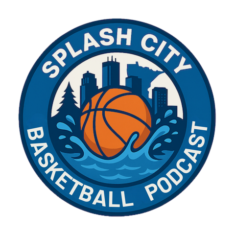 Splash City Basketball Podcast logo featuring a city skyline, a basketball splashing into water, and trees, with text around the circle.