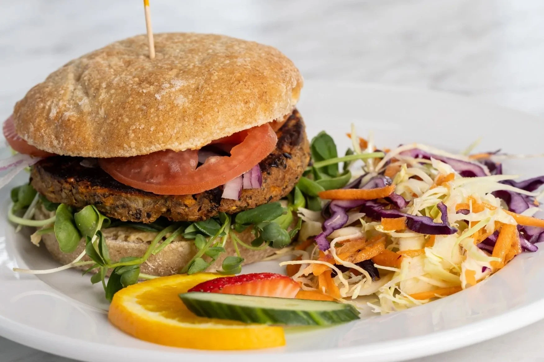 Plant-based burger At Fancy Pants Cafe in Bridgewater, Nova Scotia