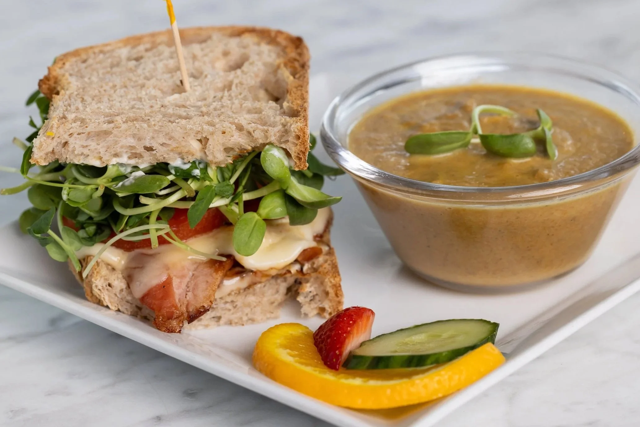 Half sandwich and soup At Fancy Pants Cafe in Bridgewater, Nova Scotia