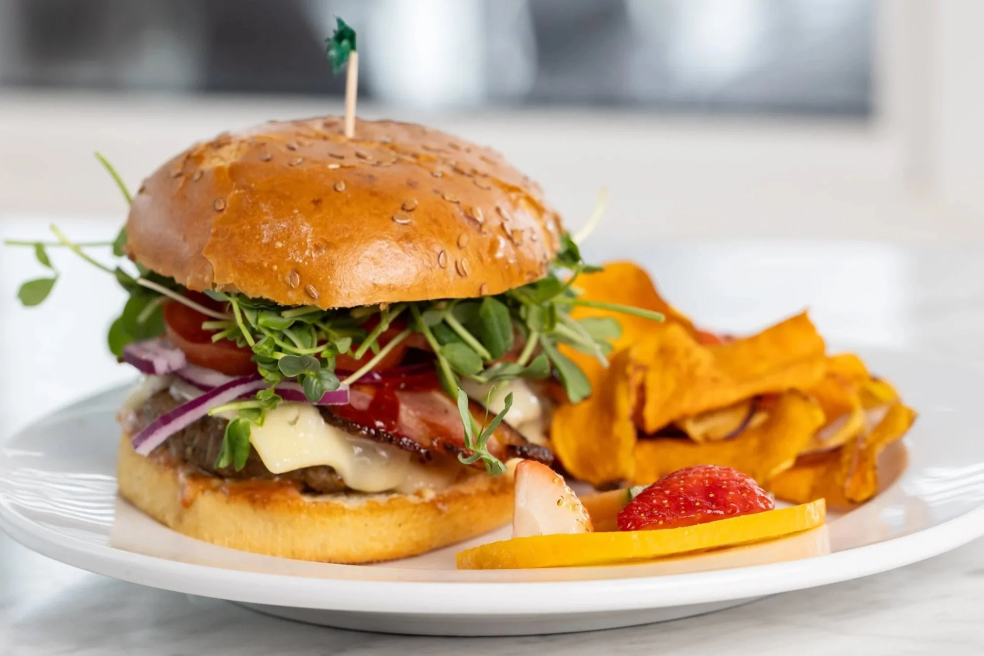 Beef burger with side of sweet potato chips At Fancy Pants Cafe in Bridgewater, Nova Scotia