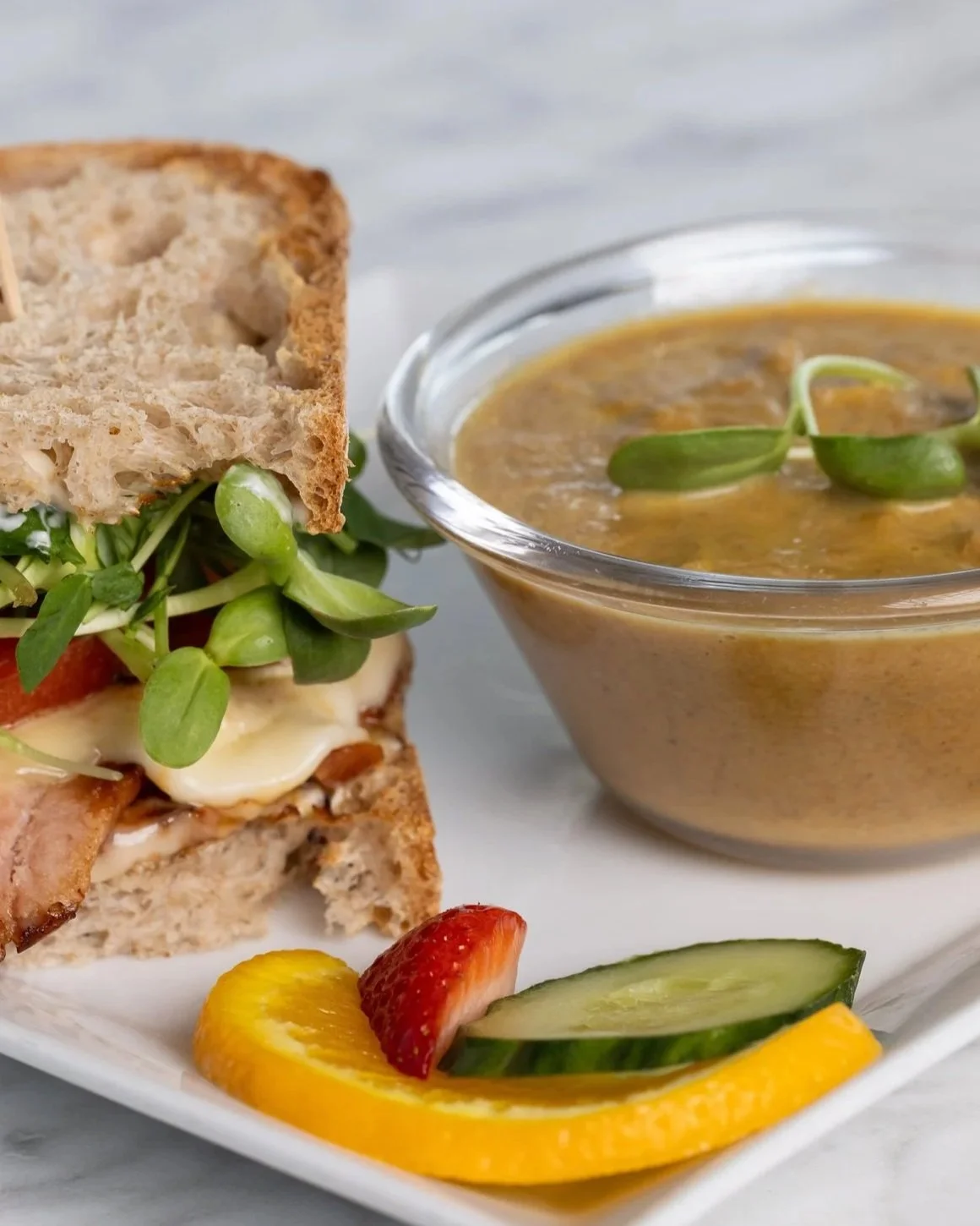 Half sandwich and soup At Fancy Pants Cafe in Bridgewater, Nova Scotia