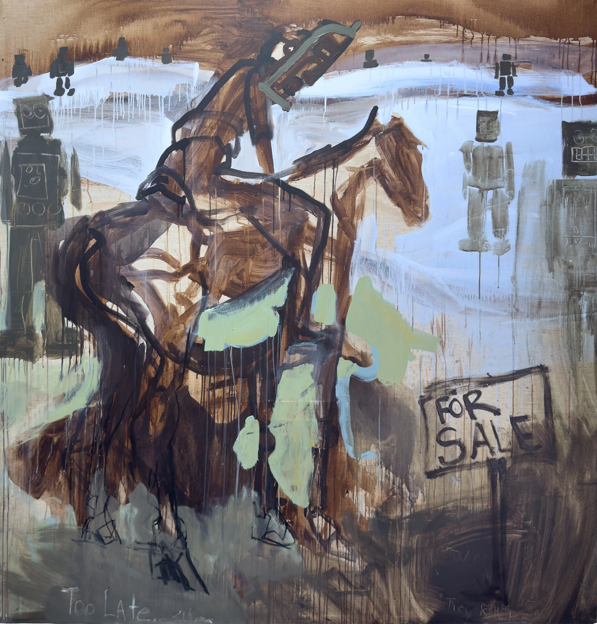 Too Late, 2026, mixed media on linen, by Erin McGee Ferrell. Cover painting for Robots Y'all!, a forthcoming solo exhibition at Garner Narrative Gallery, November 2026.